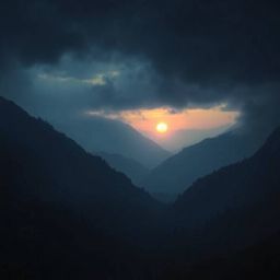 Experience the captivating beauty of a sunset over a quiet mountain valley. This image evokes an eerie yet enchanting atmosph