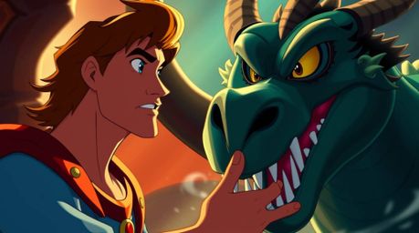 A captivating 1950s-style animation depicting a charming prince with chiseled features battling a fierce dragon. The scene i