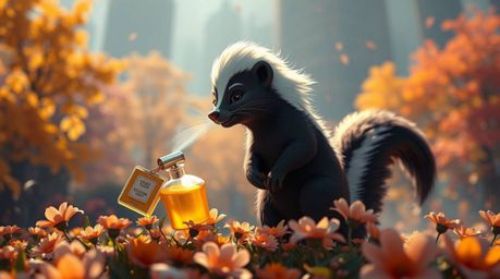 An epic and modern cartoon scene unfolds, showcasing a cartoon skunk playfully spraying perfume on vibrant flowers bathed in 