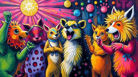 A bold and vibrant acrylic painting depicts an energetic animal dance party.  Disco lights illuminate the scene, showcasing t