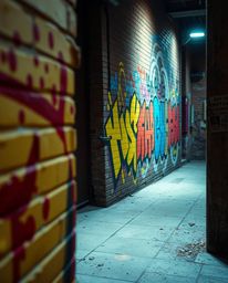 Experience the vibrant energy of street art with this dramatic, cinematic-style image.  Colorful graffiti splashes explode ac
