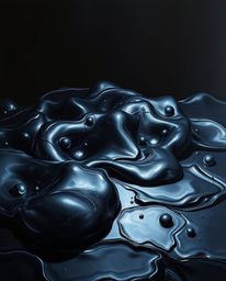 This classic oil painting showcases sculptural 3D fluid mercury shapes with a highly reflective surface, meticulously lit und