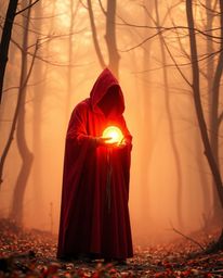 A captivating high-resolution stock photo depicts a cloaked figure shrouded in mist within a forest, holding a luminous orb. 