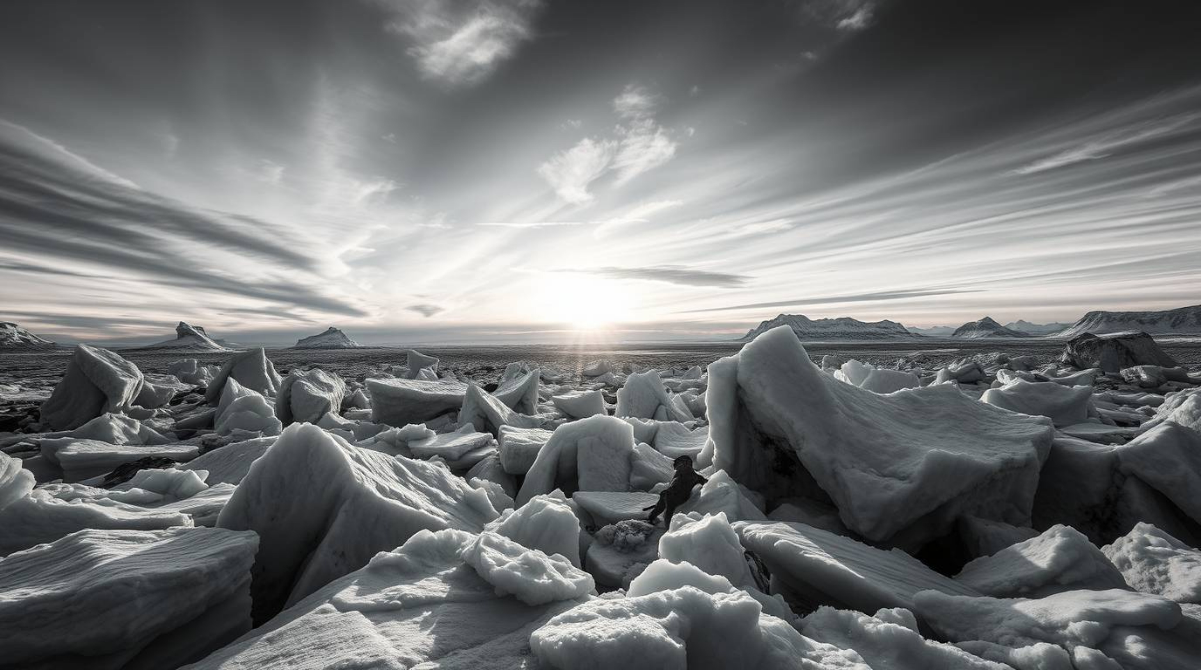 Explore a dreamlike world of surreal black and white imagery featuring a timeless and elegant sunset over icy polar glaciers.
