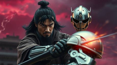 Witness a tense battle in a sophisticated dystopian world as a stern-faced samurai with dark hair clashes with a chrome robot