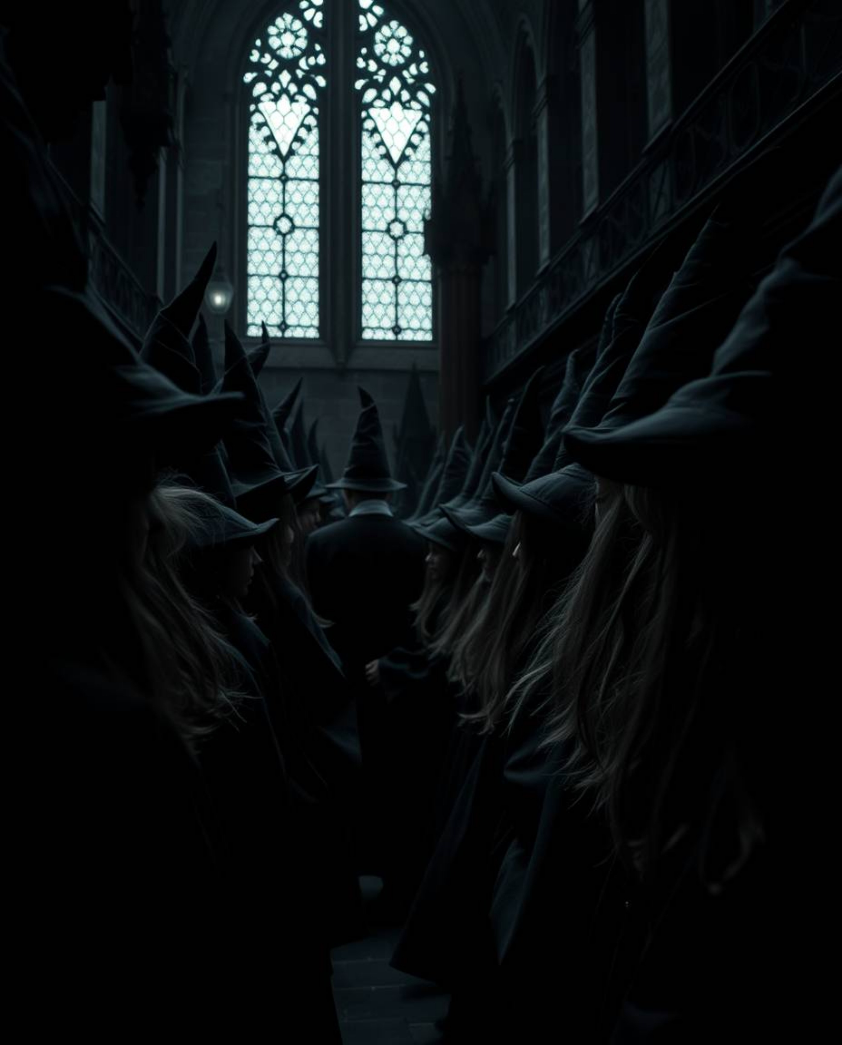Explore an intensely detailed close-up shot of a magical school teeming with young wizards, captured in a pure black color pa