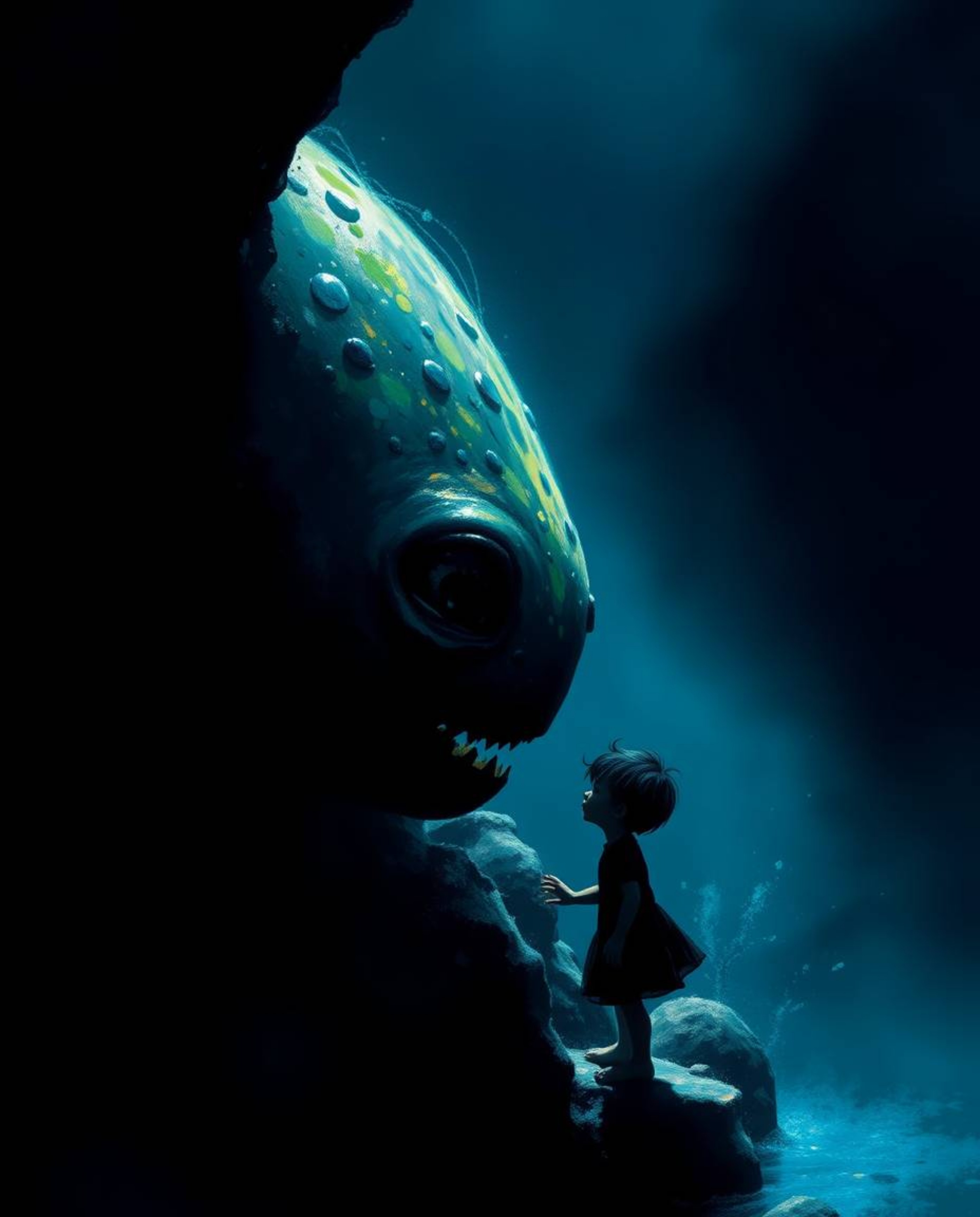 A captivating image depicts a heartwarming friendship between a sea creature and a child.  Deep shadows and high-contrast, lo
