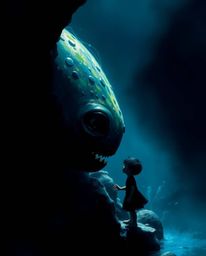 A captivating image depicts a heartwarming friendship between a sea creature and a child. Deep shadows and high-contrast, lo