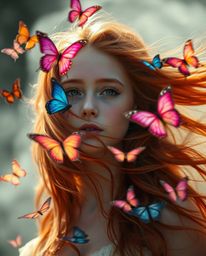 A captivating image of a girl with flowing auburn hair gently releasing vibrant butterflies into a soft, cinematic haze.  The