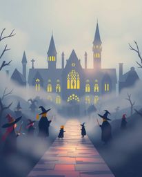 A captivating modern flat design illustration depicts a magical school shrouded in mystical fog.  Young wizards populate this