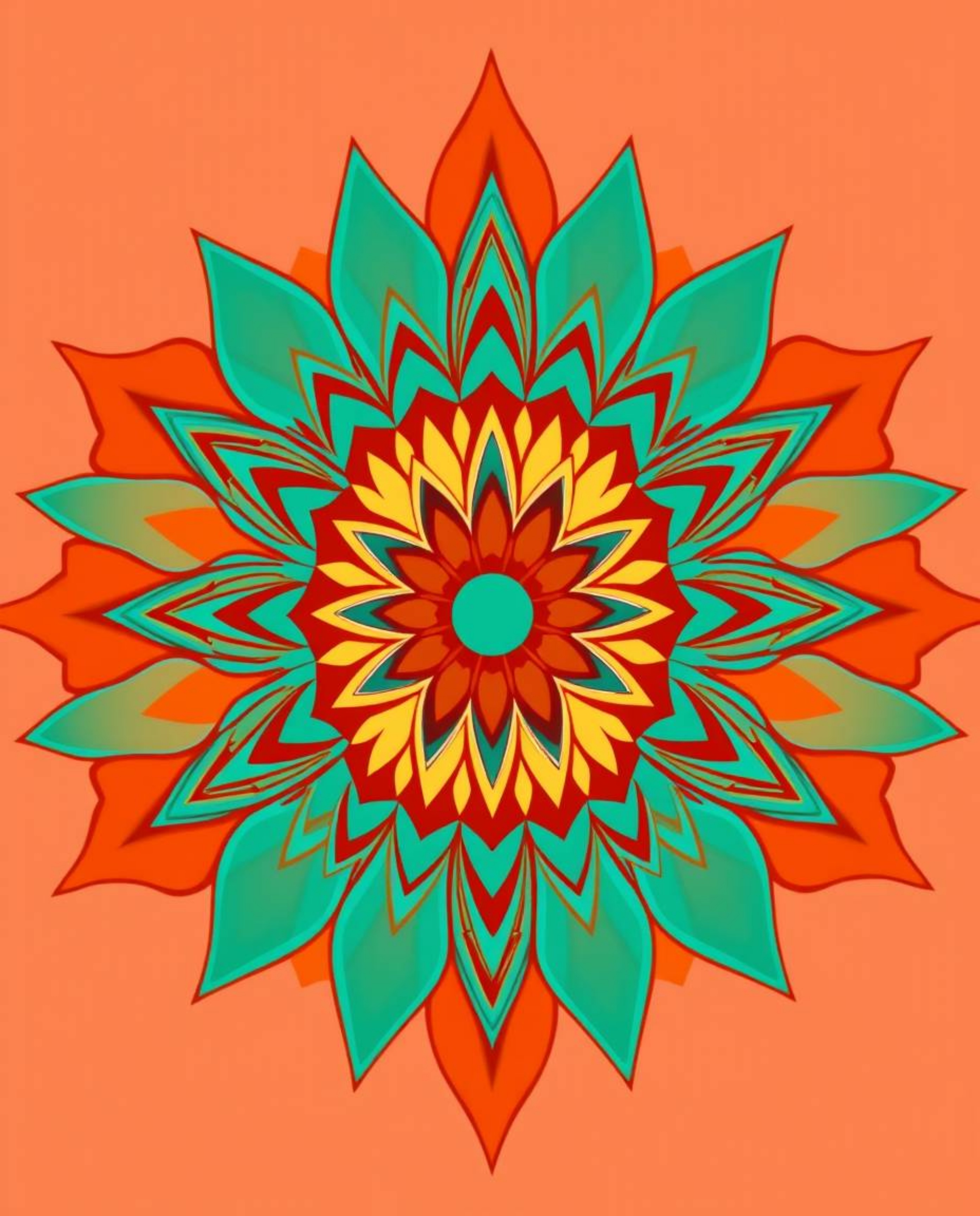 Discover stunning geometric floral mandalas in vibrant terracotta and teal color palettes.  These symmetric designs blend fut