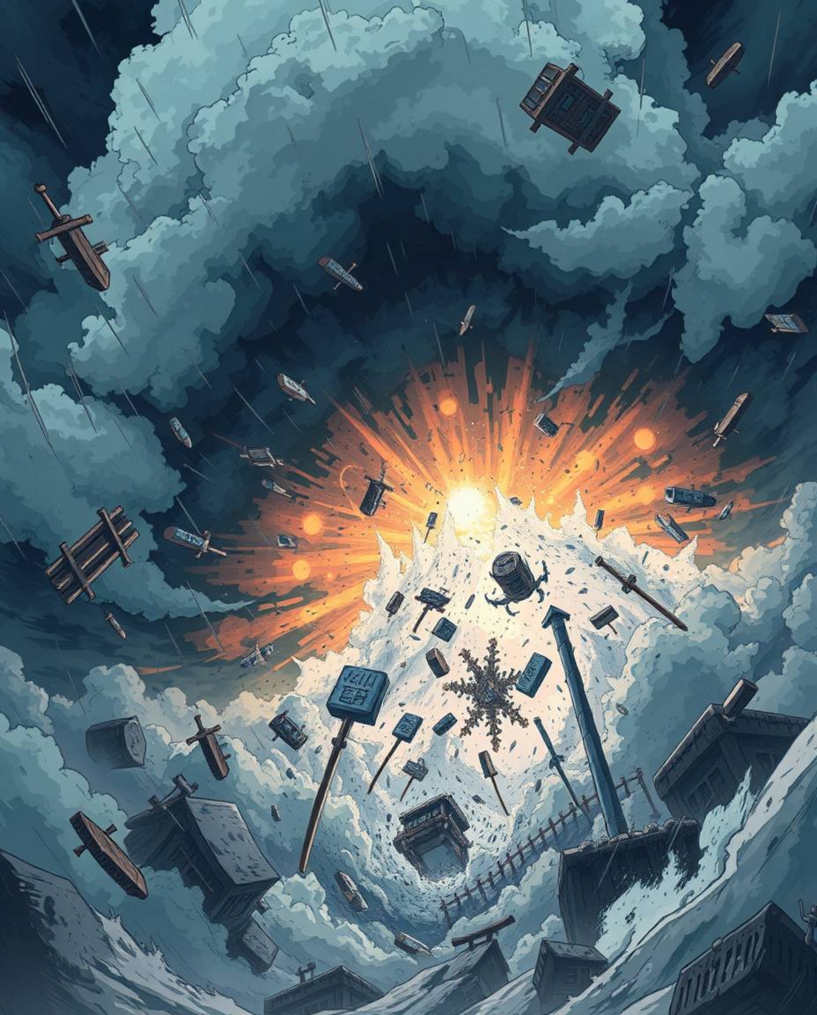 An Isekai anime-style illustration showcasing an intense and dramatic weather event, a surreal storm characterized by flying 