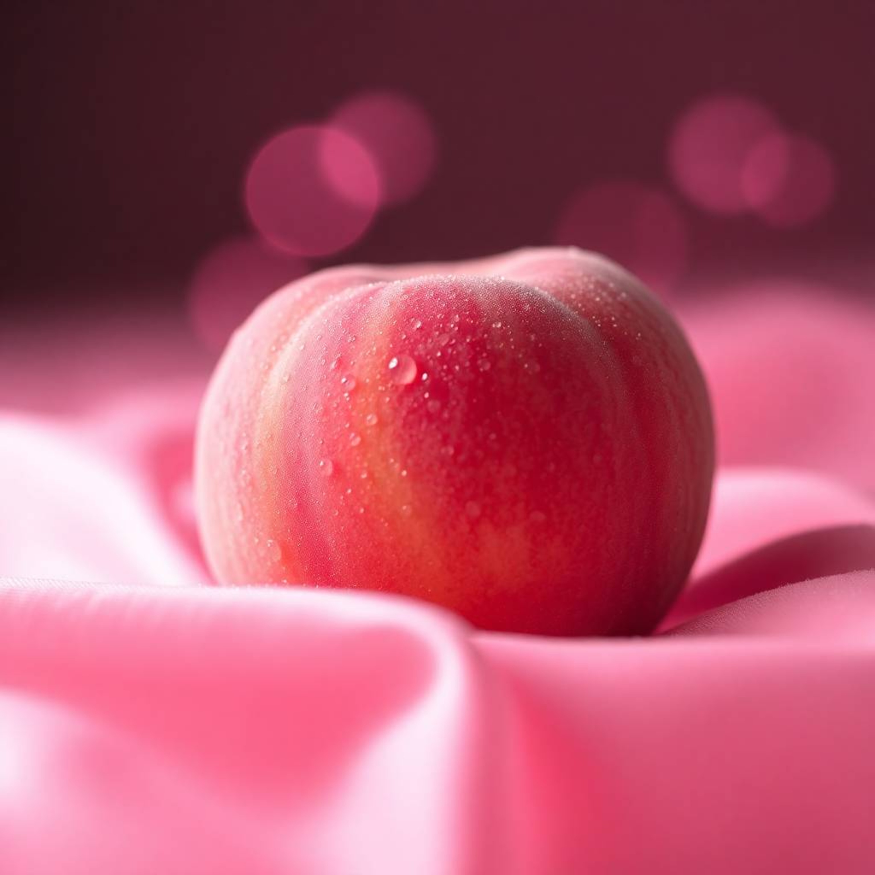 This close-up ASMR image features a soft, blushing pink peach with a delightfully fuzzy texture and glistening condensation, 