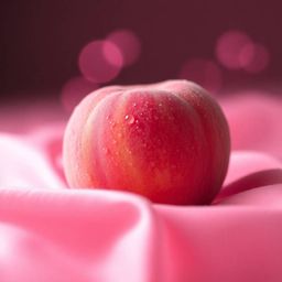 This close-up ASMR image features a soft, blushing pink peach with a delightfully fuzzy texture and glistening condensation, 
