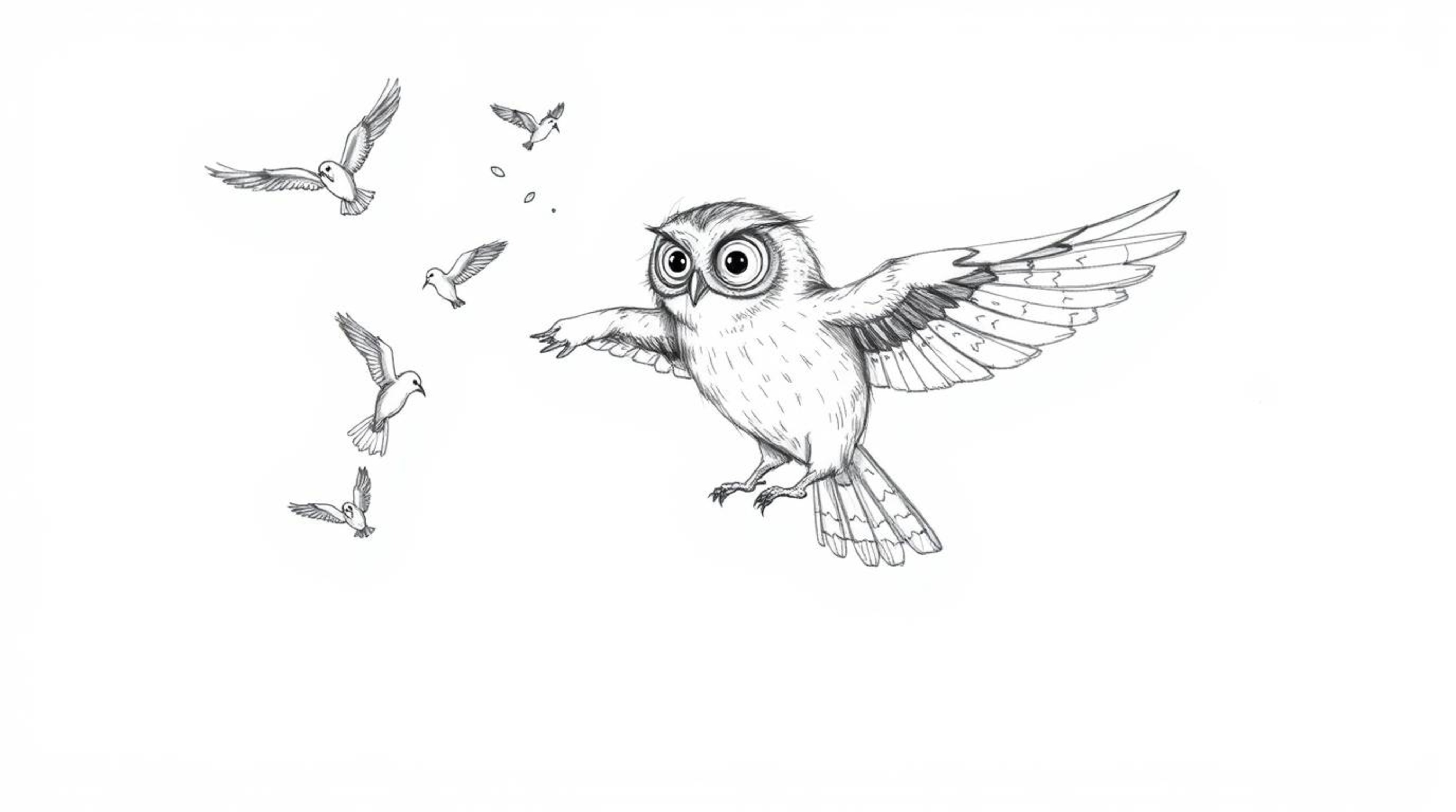 A heartwarming hand-drawn sketch in the style of Pixar depicts a blind owl patiently teaching birds to fly.  The textured pen