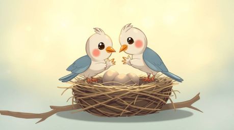 This captivating image showcases two cartoon birds, rendered in a classic animation style, meticulously constructing a nest.