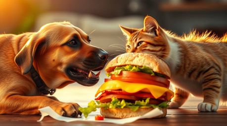 A captivating close-up photograph captures the intense moment a dog and cat battle for a colossal sandwich, illuminated by th