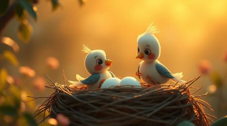 A soft, cinematic image showcasing two cartoon birds diligently building their nest in a classic animation style, bathed in a