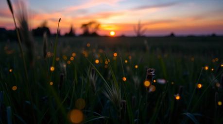 A breathtaking photograph captures a serene sunset over a tranquil meadow, where fireflies begin their nightly dance.  The ti