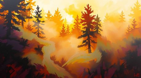 A dynamic and bold acrylic painting captures the ethereal beauty of mist rising from a forest during the golden hour. The art
