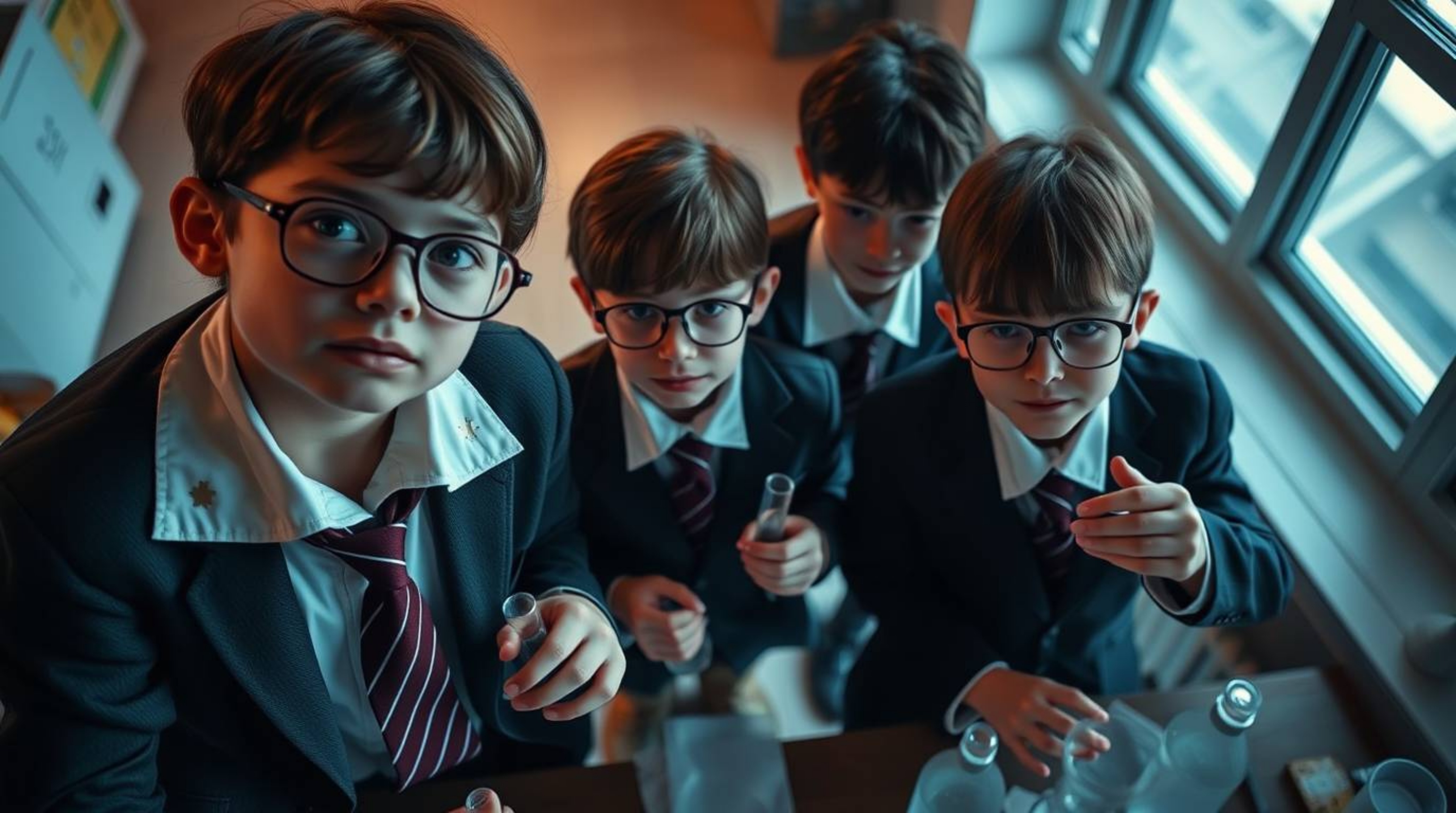 A captivating top-down photograph showcases quirky children in school uniforms engrossed in scientific experiments.  The imag