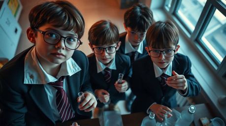A captivating top-down photograph showcases quirky children in school uniforms engrossed in scientific experiments.  The imag