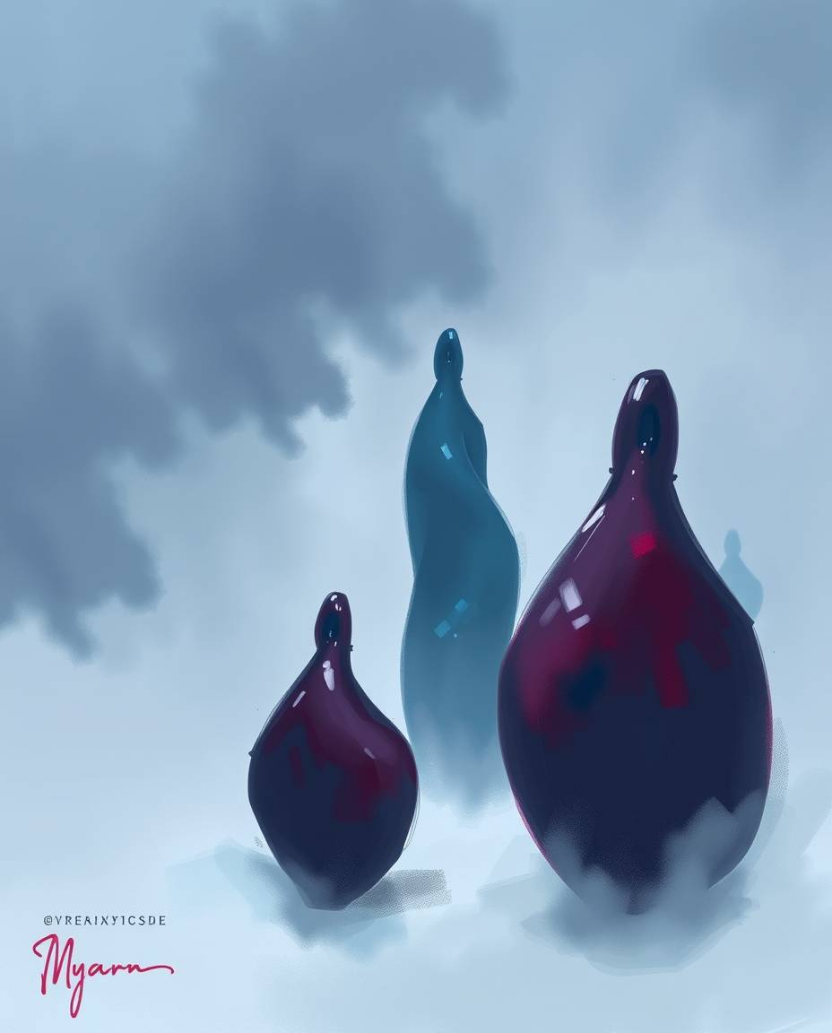 A captivating digital sketch showcasing deep blue and burgundy mercury sculptures rendered with loose, painterly strokes with