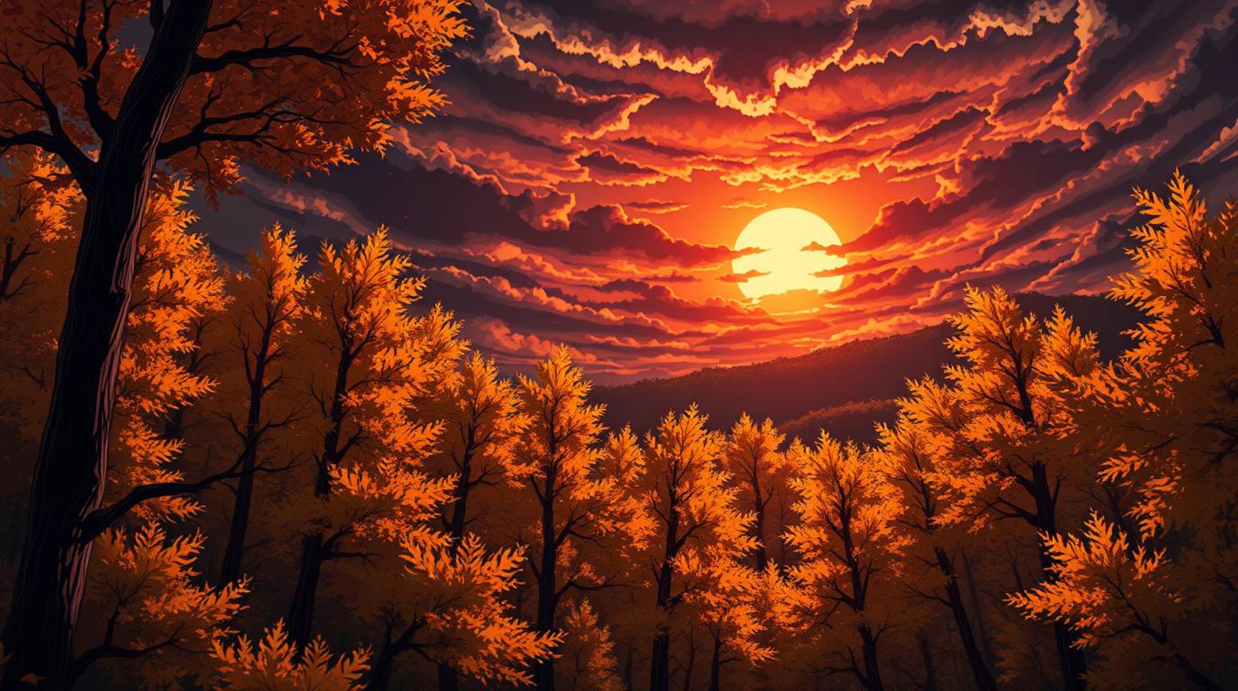 Immerse yourself in an anime-style autumn forest scene, where golden leaves glow under a dramatic sunset. This illustration c