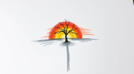 A captivating hand-drawn sketch depicts a lone tree silhouetted against a vibrant, fiery sunset.  The high-angle perspective 