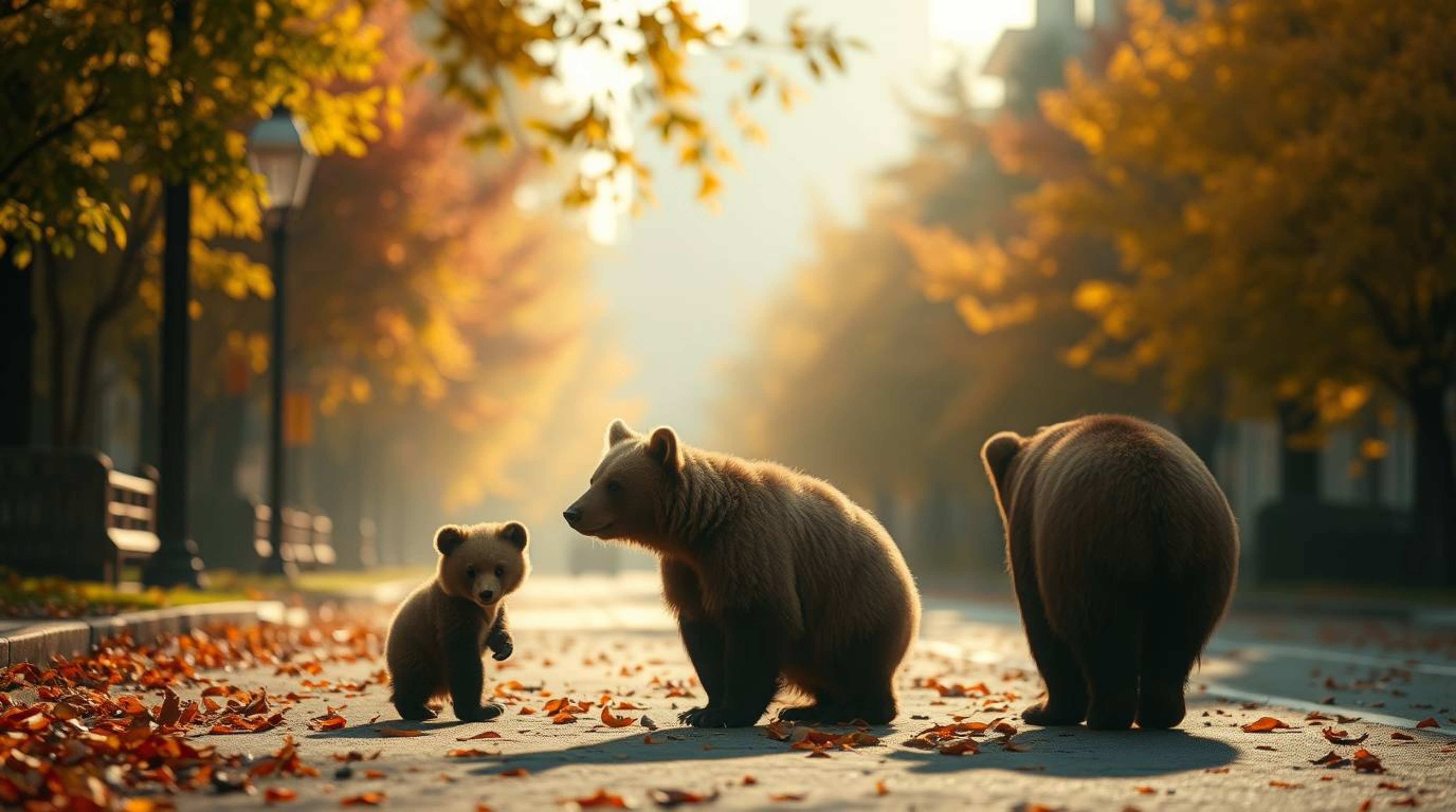 Explore a cozy and heartwarming scene featuring a bear family embarking on an urban adventure, bathed in warm autumn colors a
