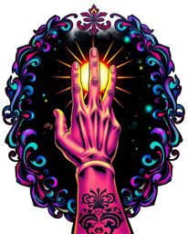A captivating art print featuring a hand reaching from darkness towards a light source, rendered in vibrant, iridescent color