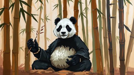 This artwork features a martial artist panda deeply meditating within a serene bamboo forest. Painted in a bold acrylic style