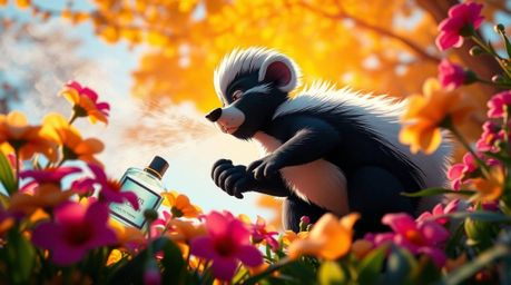 A whimsical low-angle perspective captures a cartoon skunk playfully spraying perfume on flowers, rendered in bright, vibrant