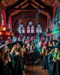 Discover a captivating high-resolution stock photo depicting a magical school brimming with young wizards. The image showcas