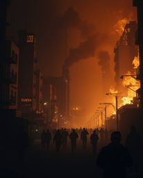 A city consumed by flames depicts a scene of chaos and fear, with people fleeing in all directions amidst an eerie and unsett