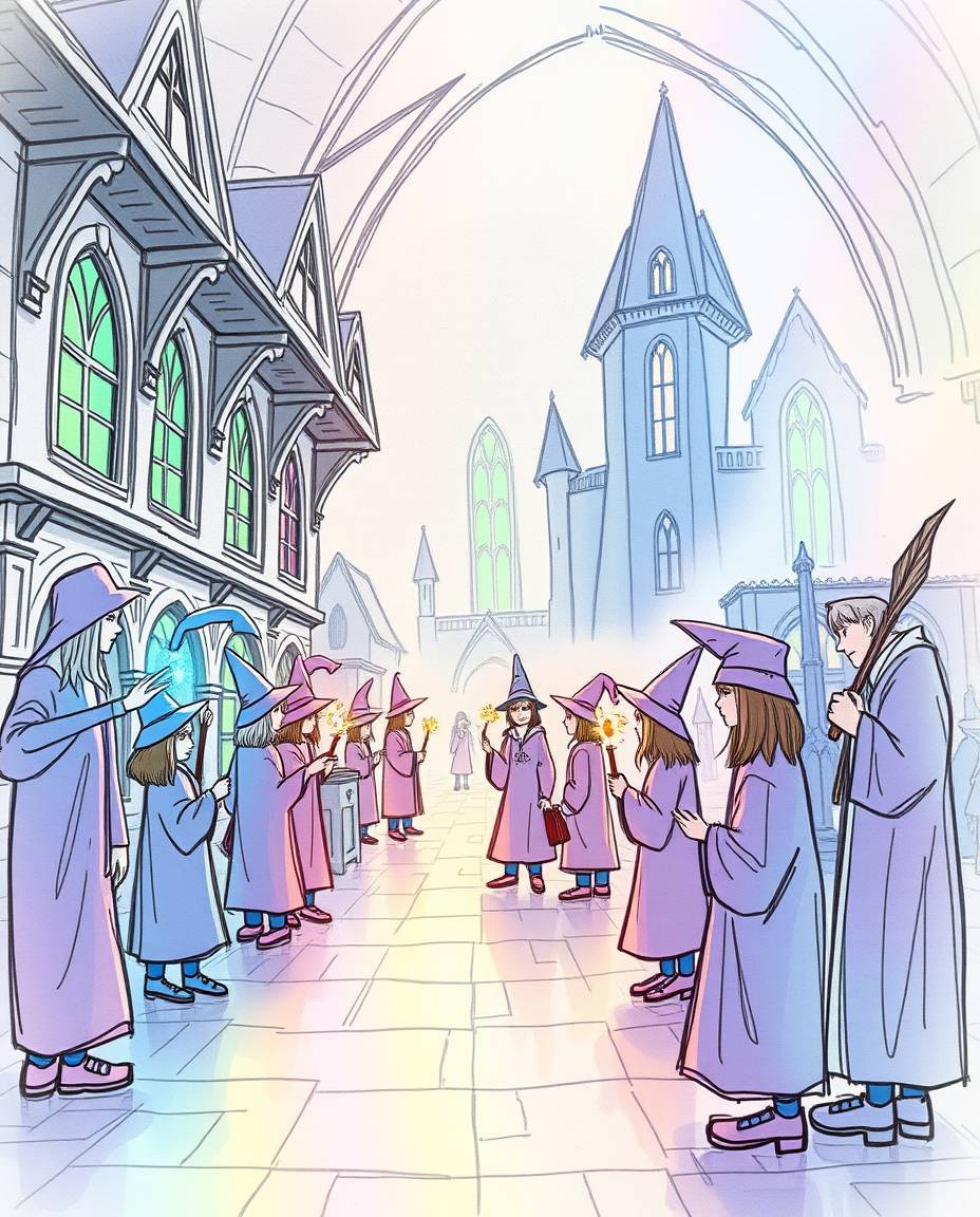 A captivating hand-drawn sketch depicting a magical school brimming with young wizards.  Layered iridescent colors create a s