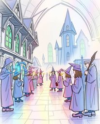 A captivating hand-drawn sketch depicting a magical school brimming with young wizards.  Layered iridescent colors create a s
