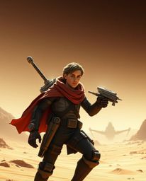 Experience a futuristic desert adventure with a brave, Disney-style hero illuminated by strong, hard light and harsh shadows.