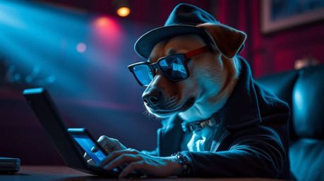 A sophisticated and elegant image featuring a gentle, soft light illuminating a dog detective utilizing high-tech gadgets. Ri