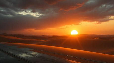 A breathtaking photograph captures a futuristic, epic-scale sunset over golden desert dunes.  Drizzling rain adds a unique at