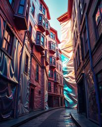A captivating close-up unveils a surreal street scene where buildings defy gravity, folding and twisting in impossible ways. 