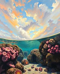 A classic oil painting, rendered from a low-angle perspective, captures a coral reef at low tide under a colorful sky. The st