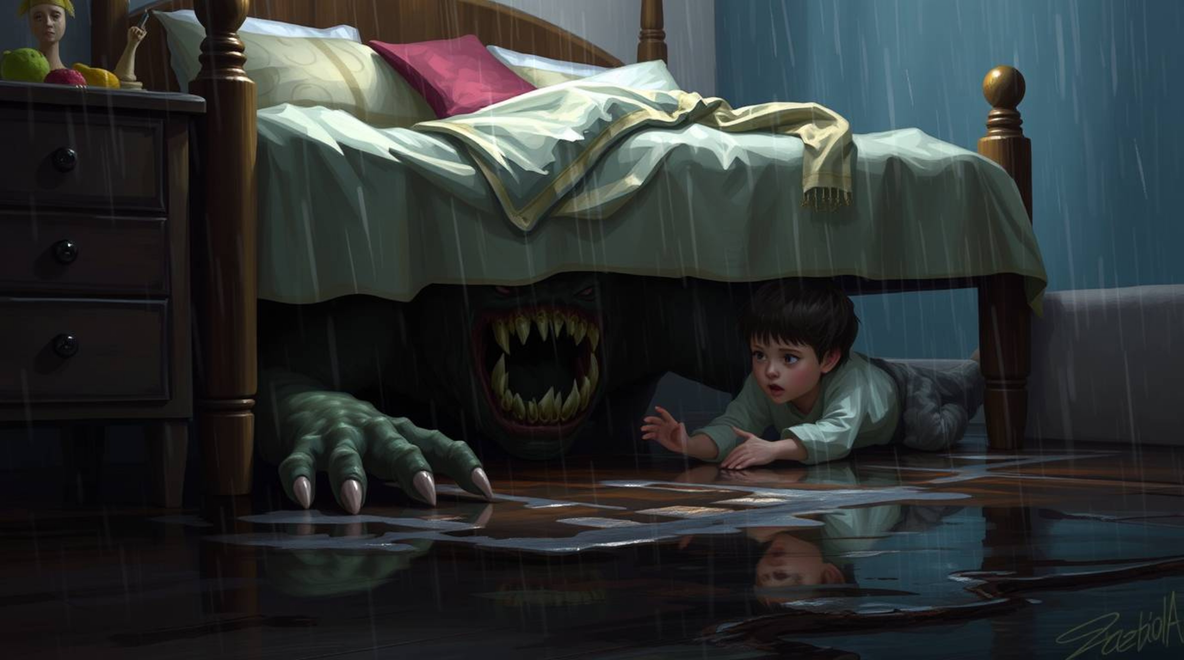 A captivating digital painting depicts a heartwarming friendship between a child and a monster hiding under a bed.  Set in a 