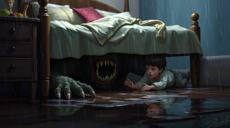 A captivating digital painting depicts a heartwarming friendship between a child and a monster hiding under a bed.  Set in a 