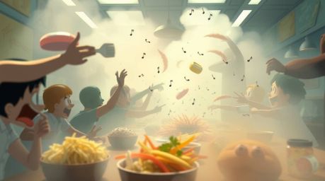 Experience the thrill of a chaotic cartoon food fight in a dimly lit cafeteria, shrouded in thick fog.  This close-up shot, w