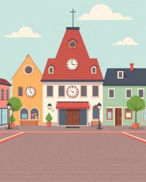 A charming, minimalist illustration of an empty town square featuring adorable ticking clocks and simple 2D shapes.  The desi