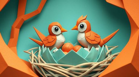 Two charming cartoon birds, rendered in a classic animation style, meticulously construct a nest crafted from intricately fol