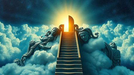 A stunning cast bronze depiction of a heavenly gate floating above the clouds, complete with stairs ascending towards it. Gol