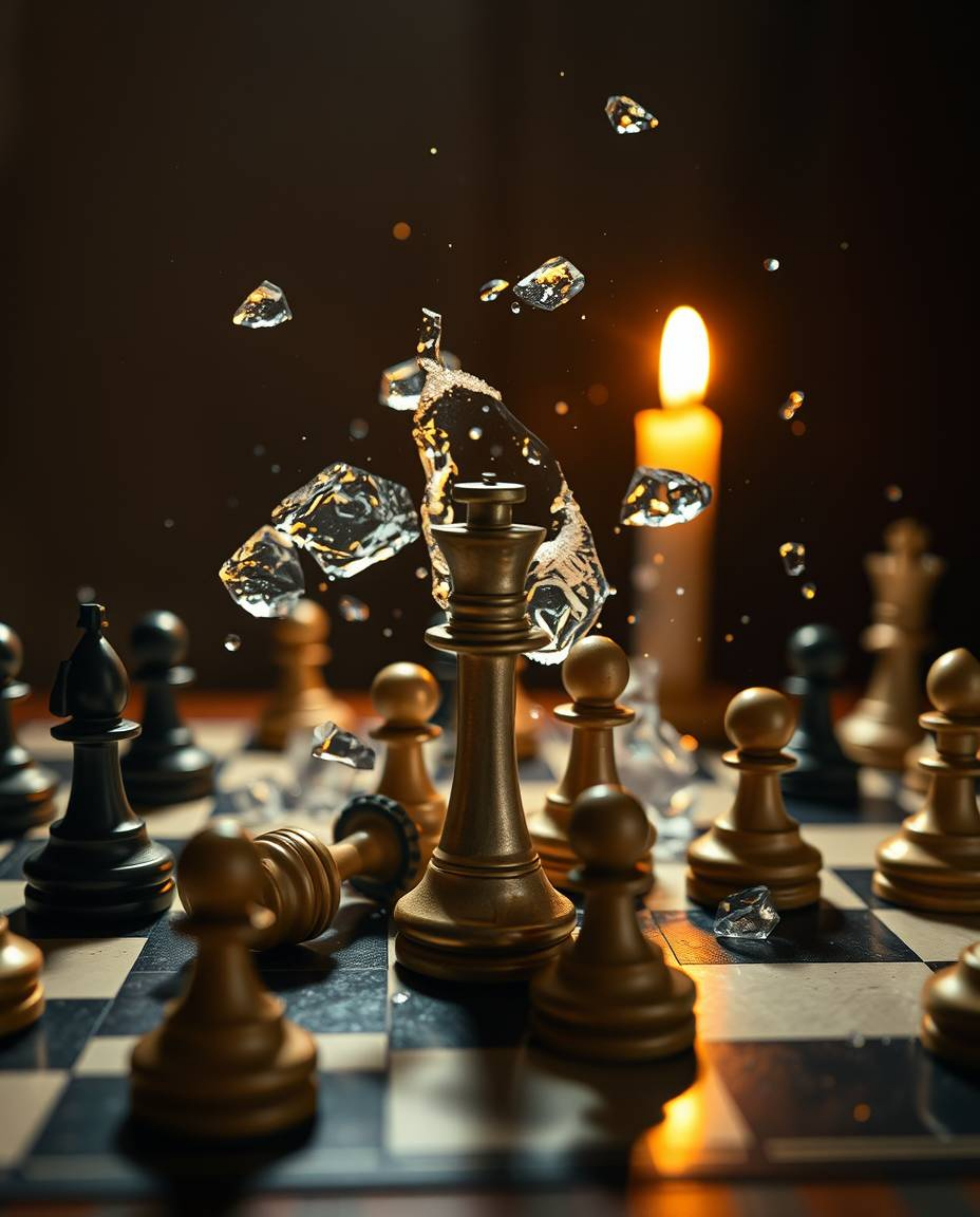 A captivating fine art photograph depicts a chessboard with pieces frozen mid-air in a moment of chaotic destruction.  Illumi