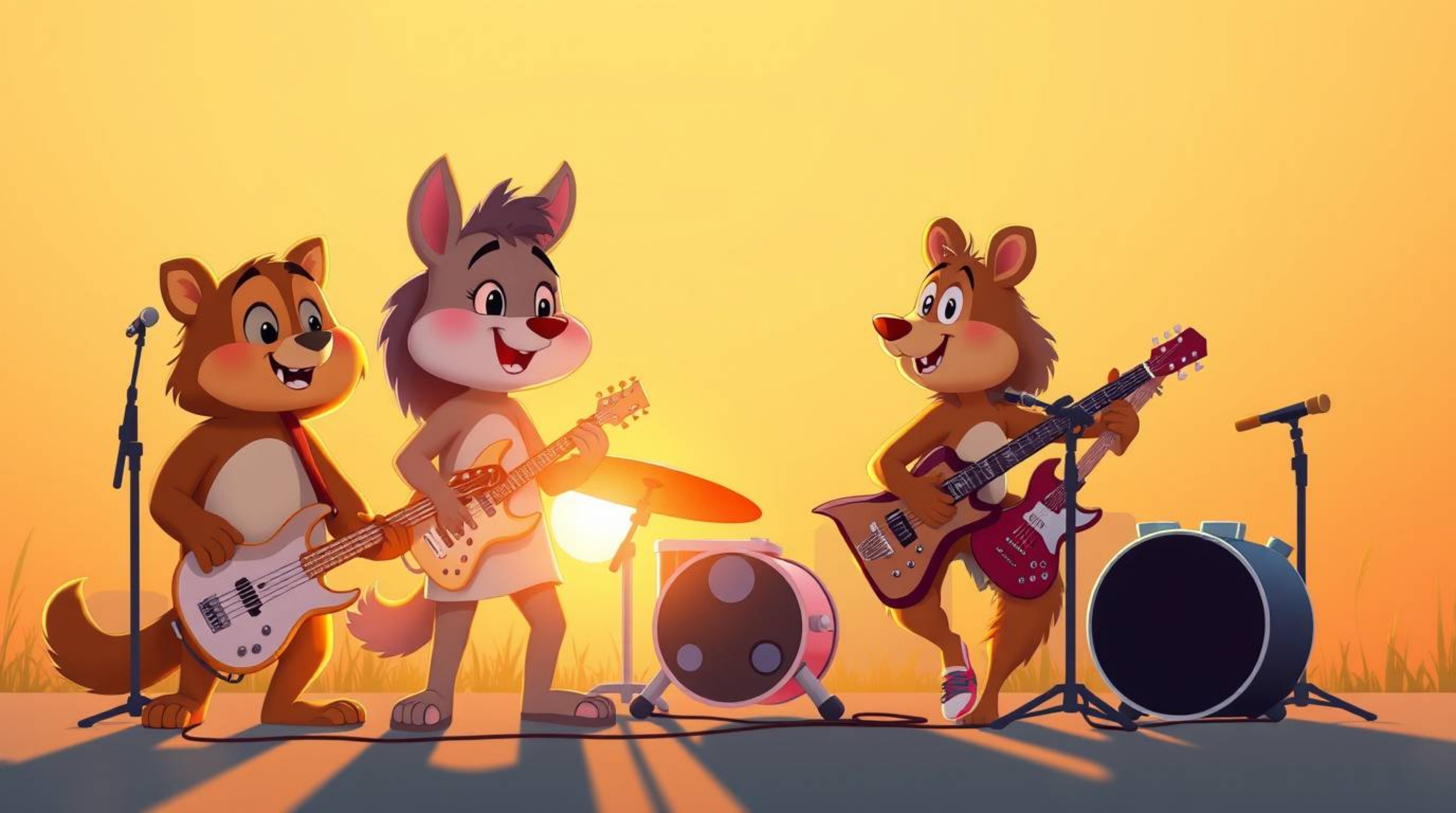Experience the vibrant energy of a cartoon animal rock band bathed in the warm, soft light of the golden hour.  Seamless colo